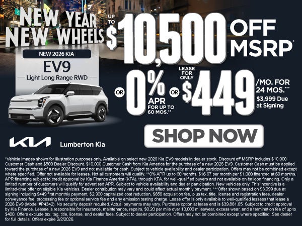New 2026 Kia EV9 Light Long Range RWD	"Up to $10,500 Off MSR