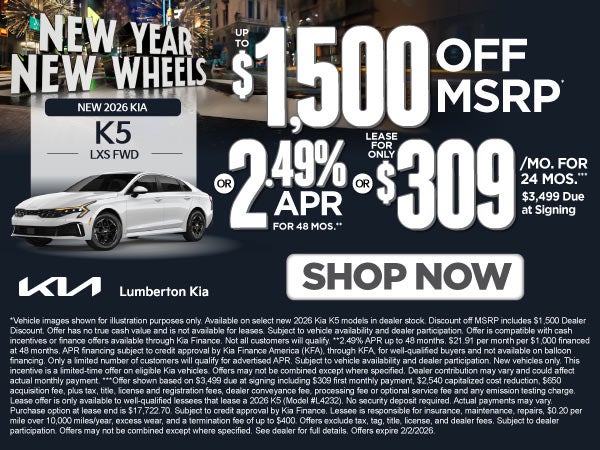 New 2026 Kia K5 LXS FWD	"Up to $1,500 Off MSRP* OR 2.49% APR