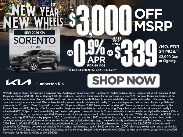 New 2026 Kia Sorento LX FWD	"Up to $3,000 Off MSRP* OR 0.9% 