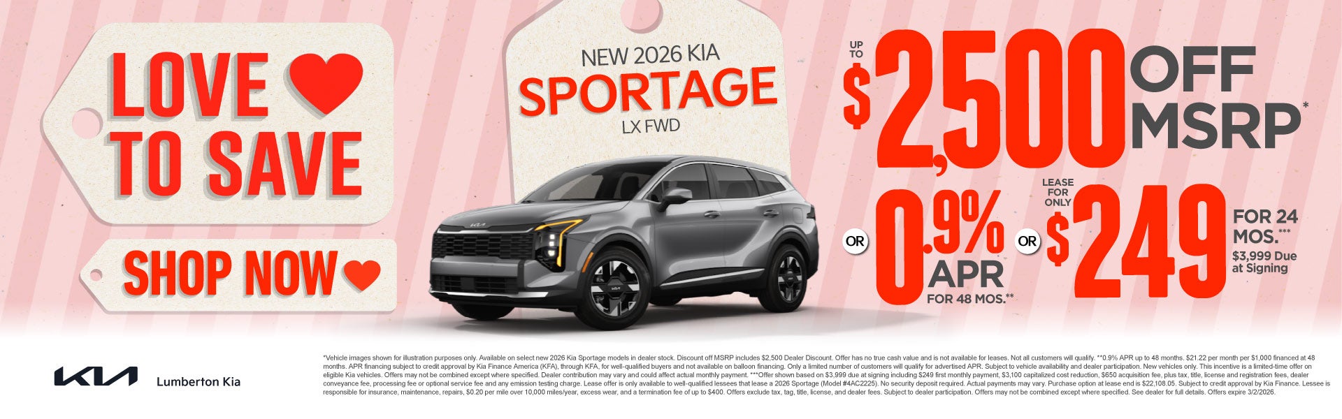 New 2026 Kia Sportage LX FWD	"Up to $2,500 Off MSRP* OR 0.9%