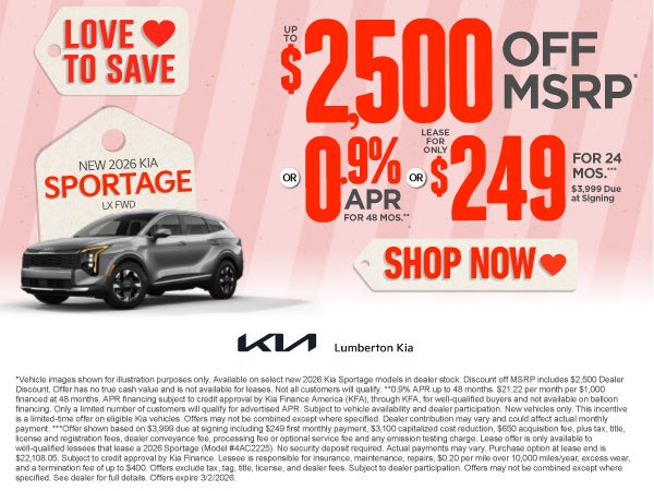 New 2026 Kia Sportage LX FWD	"Up to $2,500 Off MSRP* OR 0.9%