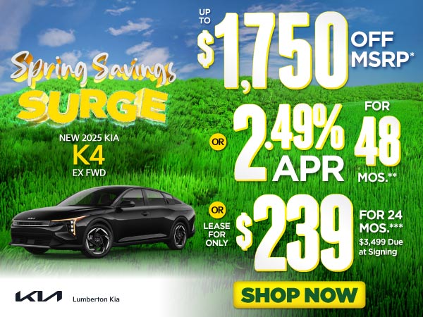 New 2025 Kia K4 EX FWD	"Up to $1,750 Off MSRP* OR 2.49% APR 