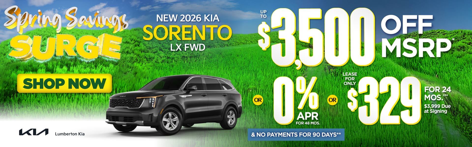 New 2026 Kia Sorento LX FWD	"Up to $3,500 Off MSRP* OR 0% AP