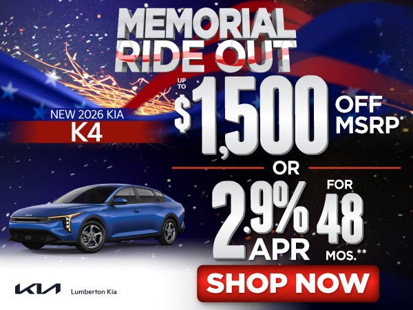 New 2026 Kia K4	"Up to $1,500 Off MSRP* OR 2.9% APR for 48 m