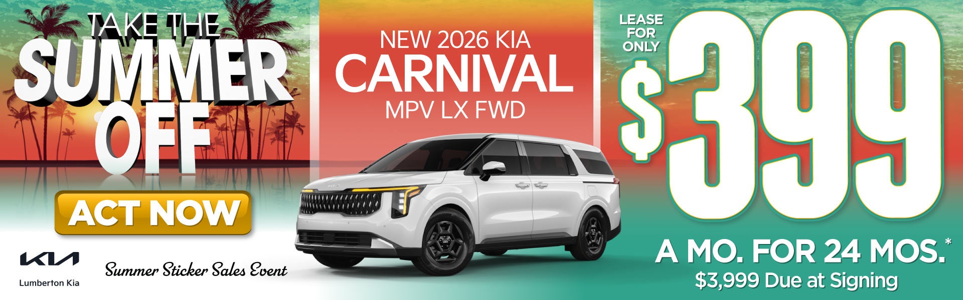 New 2026 Kia Carnival MPV LX FWD	"Lease for only $399 for 24