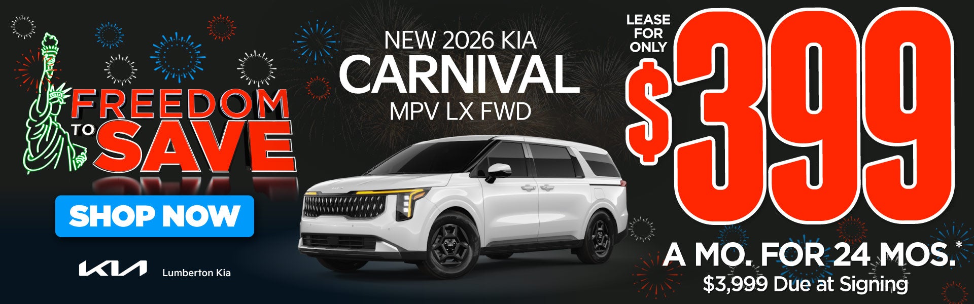 New 2026 Kia Carnival MPV LX FWD	"Lease for only $399 for 24